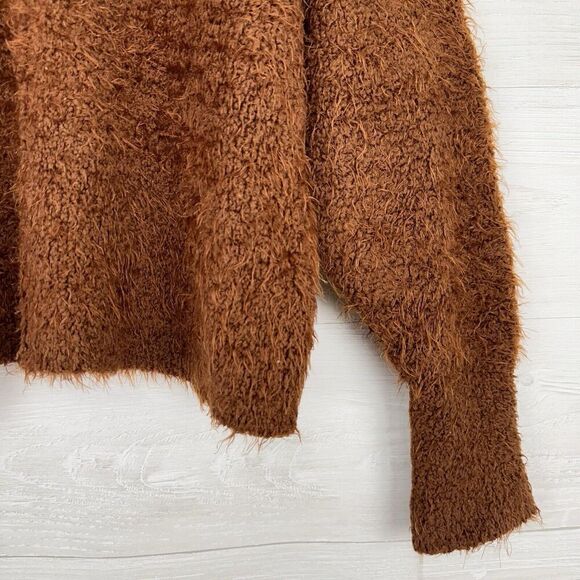 Free People Icing Pullover Sweater S Brown V Neck Eyelash Knit Fluffy Slouchy - Picture 5 of 16